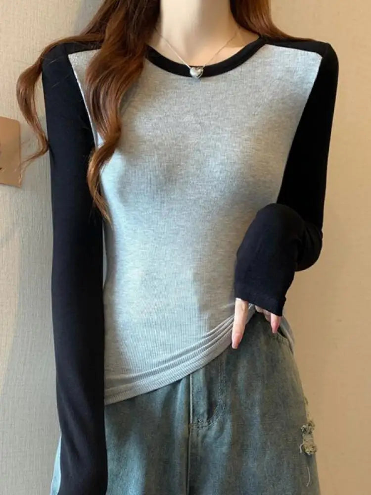 Spring Autumn Tops for Women Tshirt Turn Down Collar Long Sleeve Beige Blue Chic Y2k Fashion Patchwork 2025 T Shirts