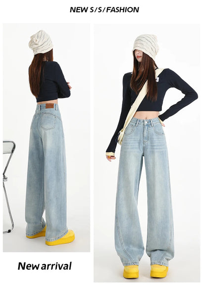 Woman Jeans High Waist Wide Leg Cotton Denim Clothing Design Sense Straight Pant Fashion Comfort White Retro Blue Casual Trouser