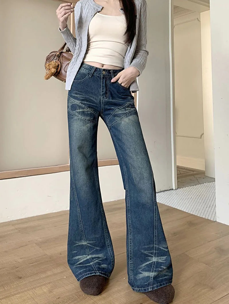 Woman High Waist Vintage Flare Jeans Korean Fashion Slimming Washed Denim Pants Women Y2K 2000S Streetwear Wide Leg Trousers