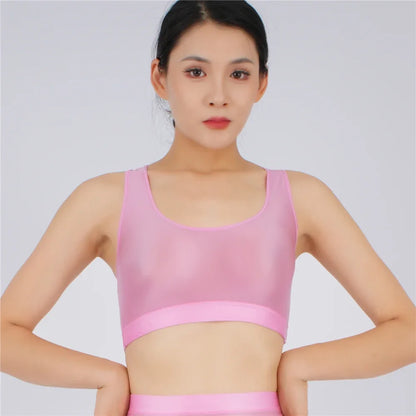 Women's Yoga Fitness Tops Sexy Candy Color UltraShort Crop Fashion Vest V Neck Oil Glossy Silky Smooth Elastic Tight Tanks Tees
