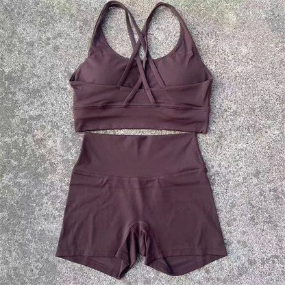 Yoga Clothes Set 2 Piece Gym Sports Shorts Set Women Cross Back Bra Top High Waist Shorts Fitness Suit Running Workout Tracksuit