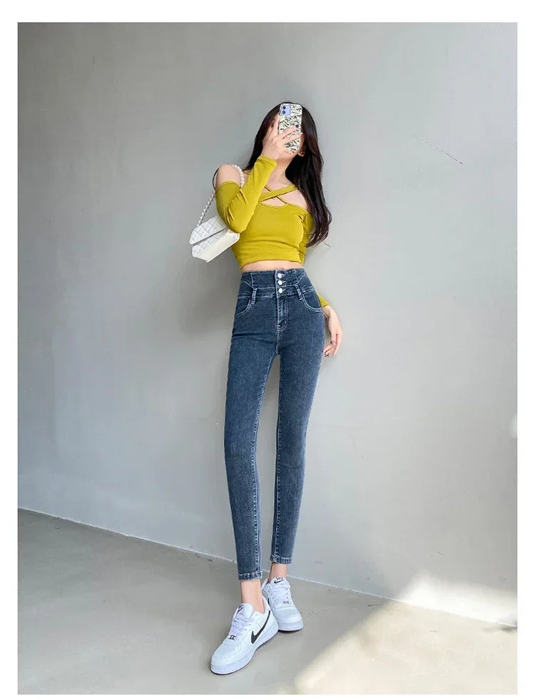 New Women's High Waist Stretch Jeans Blue Black Gray Fashionable and Versatile Multi-button Popular Slim Denim Long Pants Female