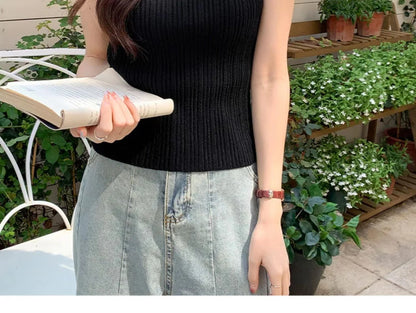 2026 Women Knitted Green Tank Tops Women Thin Tops Basic Casual Tank Tops O-neck Tees Sleeveless Tops For Women