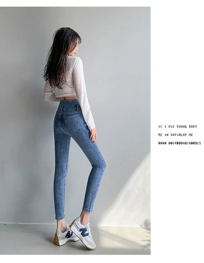 New Women's High Waist Stretch Jeans Blue Black Gray Fashionable and Versatile Multi-button Popular Slim Denim Long Pants Female