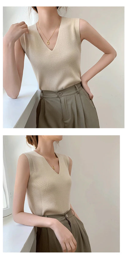 Summer Women Knitted Tank Tops Women Thin Tops Basic Casual Tank Tops V-neck Tees Sleeveless Tops For Women