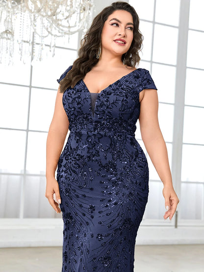 Plus Size Elegant Blue Evening Dress For Women 2024 Luxury Long Mermaid Formal Sequins V-neck Prom Wedding Party Gown
