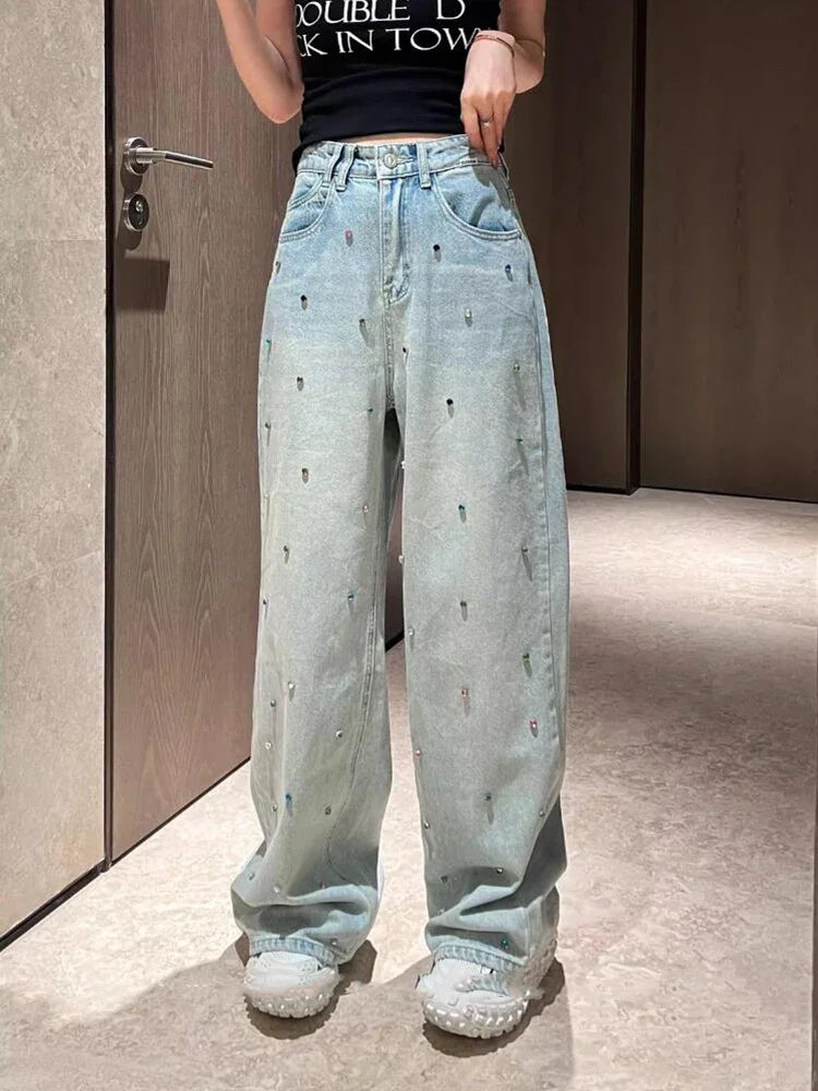 Fashion Street Casual Loose Woman Jeans Light Blue High Waist Basic Straight Pants Female Chicly Y2k New Slim Women Jeans