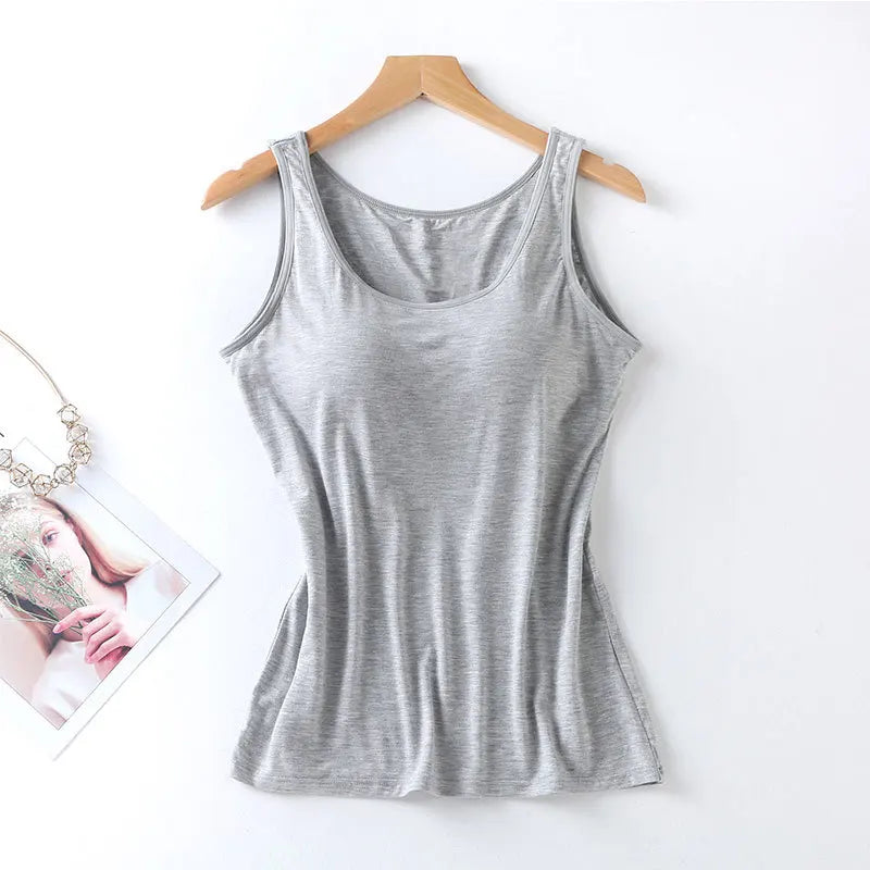 2023 Women's Vest Tops with Built In Bra Neck Vest Solid Color Padded Slim Fit Tank Tops Sexy Shirts Feminino Casual Tank Tops