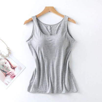2023 Women's Vest Tops with Built In Bra Neck Vest Solid Color Padded Slim Fit Tank Tops Sexy Shirts Feminino Casual Tank Tops