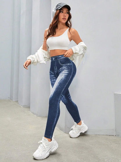 Women Imitation Jeans Leggings Gym Yoga Pants Casual Elastic Workout Exercise Fitness Running Tights Leggings