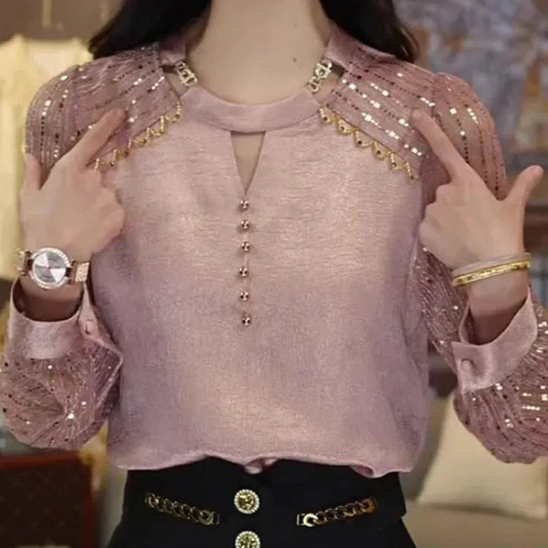 Women's High End Fashion Design with Unique and Shiny Pink Slimming and Versatile Light and Mature Top for Autumn Casual Tops