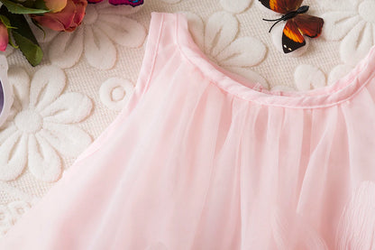 Toddler Girl Princess Dress Pink Flower Decorated Sleeveless Gauze Dress Elegant Girl Wedding Party Dress for Party