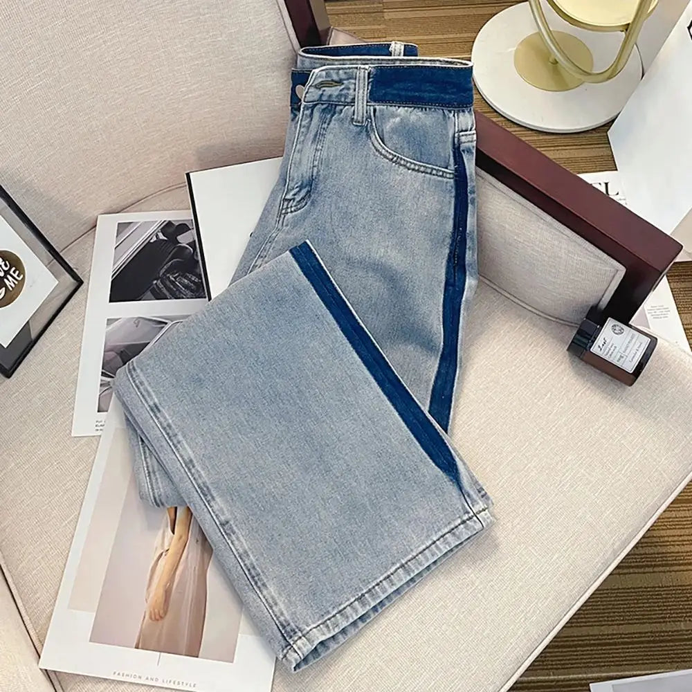 Oversize Straight Loose Jeans for Women Fashion High Waist Contrast Color Blue Denim Pants Streetwear Wide Leg Trousers