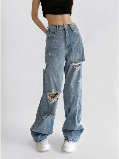 Women's Destroyed Jeans 2025 Spring Summer High Waist Loose Leg Floor-Length Distressed Denim Vintage Daily Staple