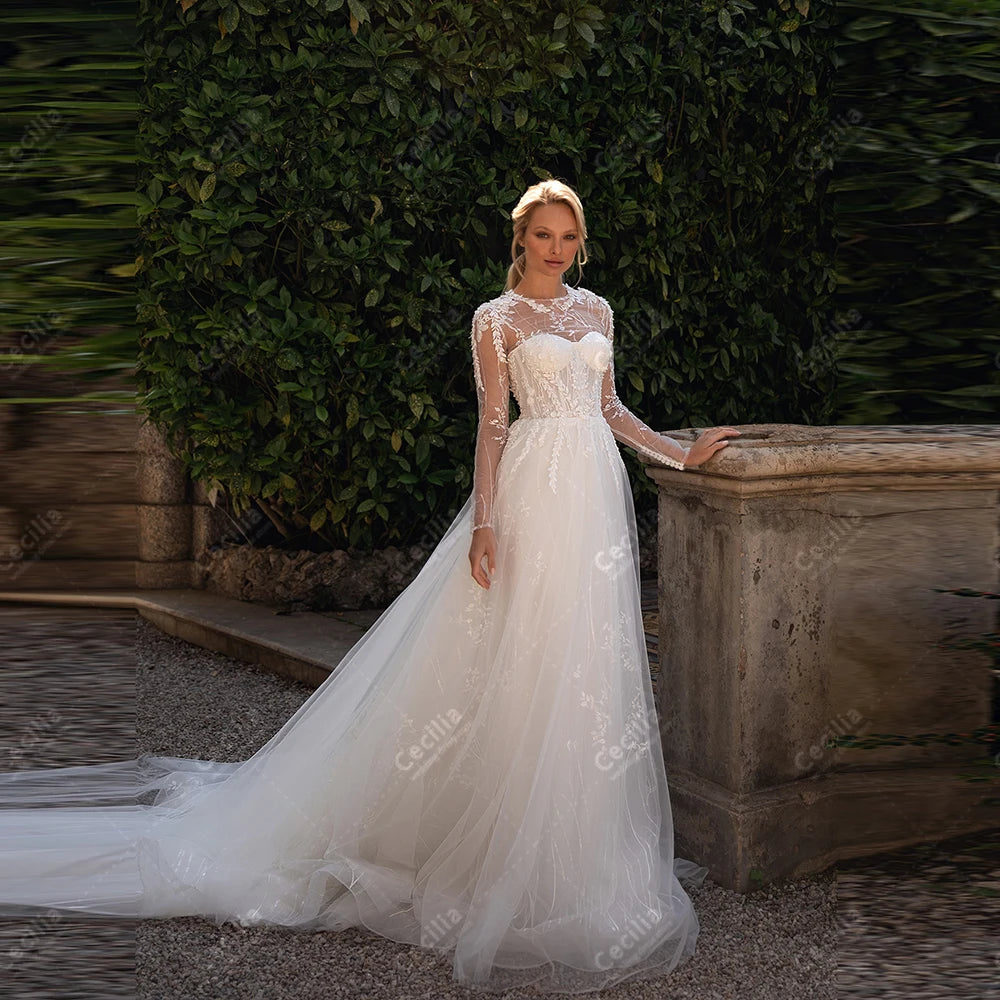 Modern Wedding Dresses A Line Tulle Tiered Bridal Gowns Lace Appliques Full Sleeves Robes Glamorous Customized Vestidos De Novia