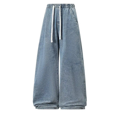 2025 New Elastic Waist Drawstring Solid Color Loose Fit Wide Leg Jeans Wide Leg Trendy High Waist Denim Pants for Men Women 3XL
