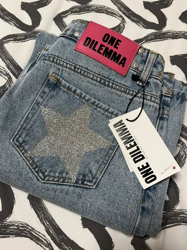 Gothic Womens ONE DILEMMA Jeans Y2K Clothes Hip Hop Five Pointed Star Sequin Rivet Fashion Casual Baggy Jeans Straight Trousers