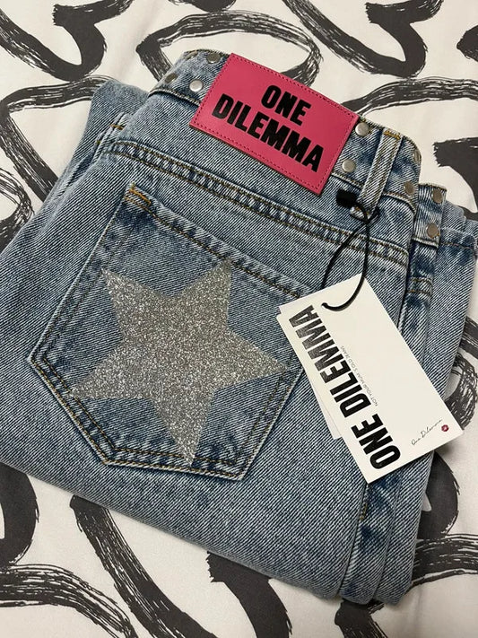 Gothic Womens ONE DILEMMA Jeans Y2K Clothes Hip Hop Five Pointed Star Sequin Rivet Fashion Casual Baggy Jeans Straight Trousers
