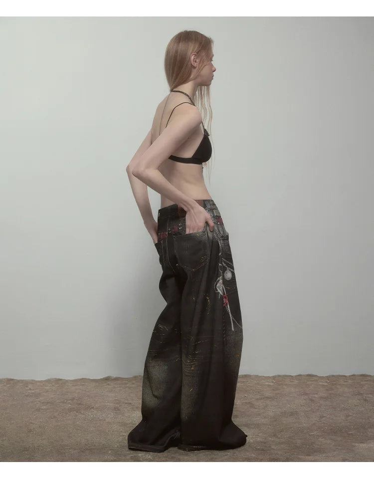 High Quality Hot Selling Wholesale 2025 New Virtual Digital Printed Retro Fashionable Personalized Wide Leg Jeans Pants Women