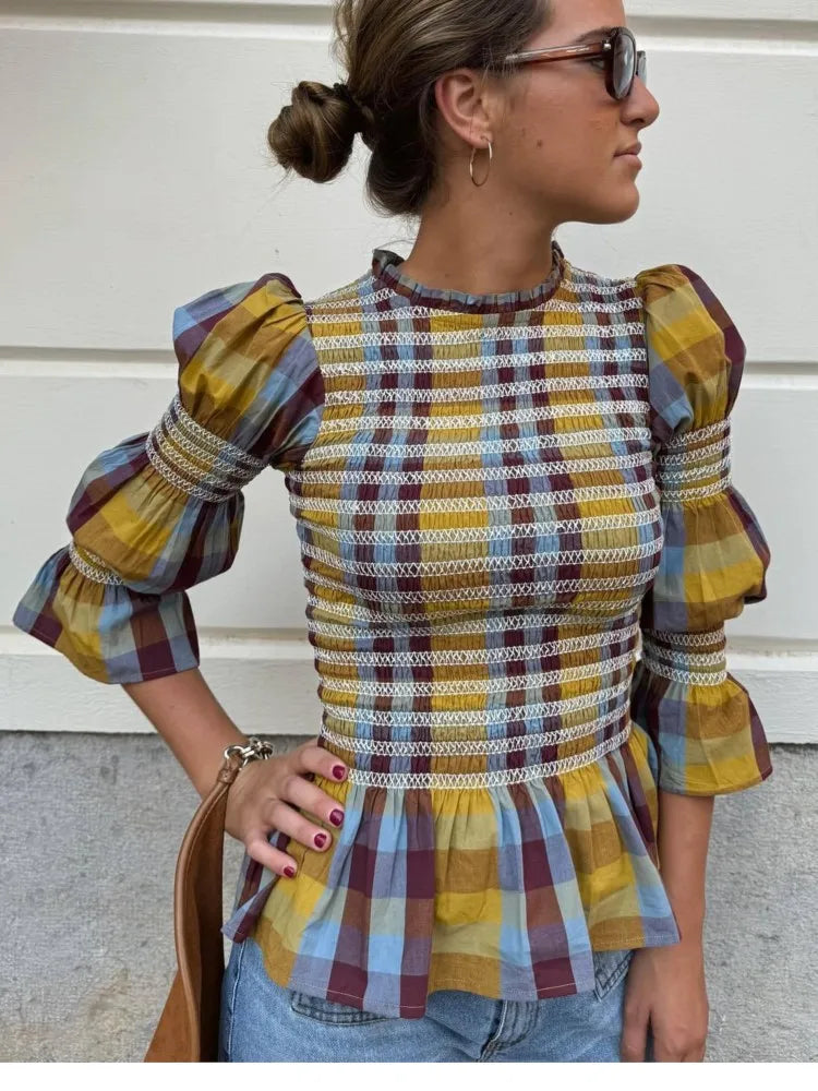 Women's Tops Vintage Plaids Elastic Pleated T Shirt Casual O Neck Long Sleeves Ruffles Hem Top Spring Chic Lady High Street Wear
