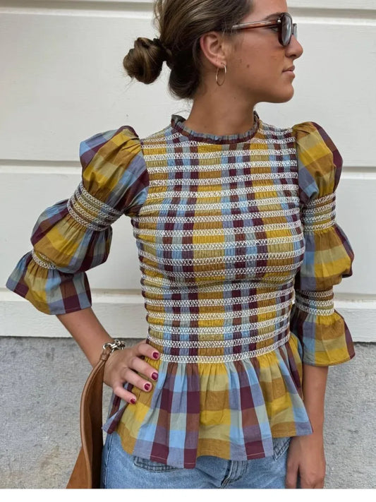 Women's Tops Vintage Plaids Elastic Pleated T Shirt Casual O Neck Long Sleeves Ruffles Hem Top Spring Chic Lady High Street Wear