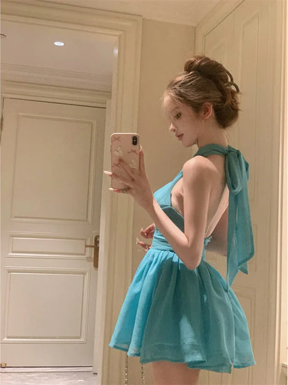 Women Sexy Halter Mini Dress Elegant A-line Puffy Hem Slim Fit Backless Ruffle Sleeveless Summer Party Vacation Wedding Outfit