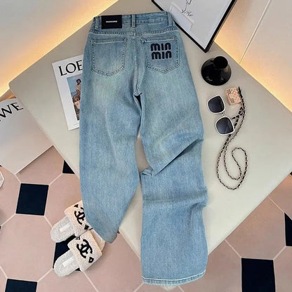 Letter Embroidered Straight-leg Jeans Women's Spring New High-waisted and Thin Loose Light Blue Straight-leg Pants