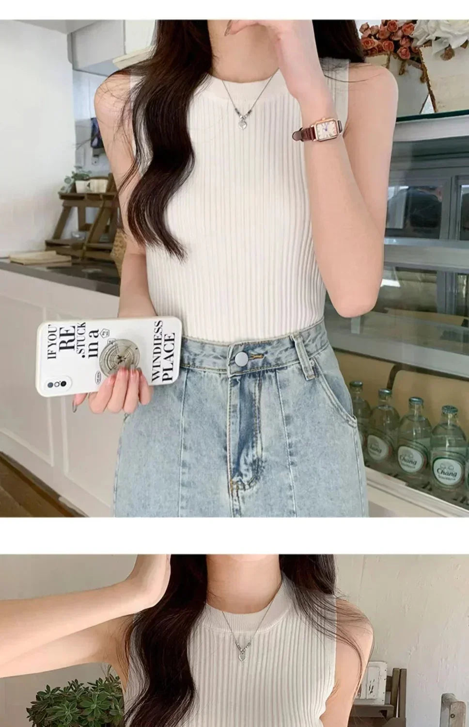 Sleeveless Blouse Shirt Women O-neck Rib Knit Vest Tank Plain Vest Tops Summer Female Basic Casual Tops Outfit