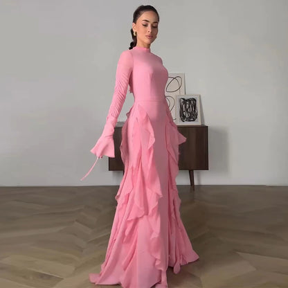 Wedding Guest Dress Women Modern Pink Chiffon Ruffles Flare Sleeve Party Straight High Collar Luxury Dresses Women 2024 Wedding