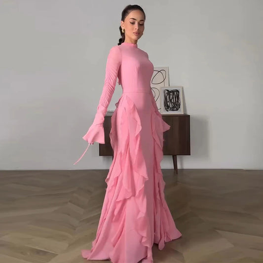 Wedding Guest Dress Women Modern Pink Chiffon Ruffles Flare Sleeve Party Straight High Collar Luxury Dresses Women 2024 Wedding