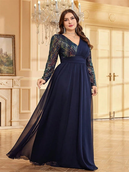 Plus Size Luxury Chiffon Long Sleeve Evening Dresses Women Sequin Red Wedding Party Cocktail Prom Floor Lenght Gowns
