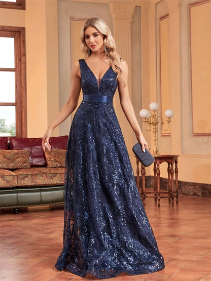 Luxury Sexy Deep V-Neck Sequins Blue Evening Dresses Women Elegant V-back Wedding Party Long Prom Cocktail Dress