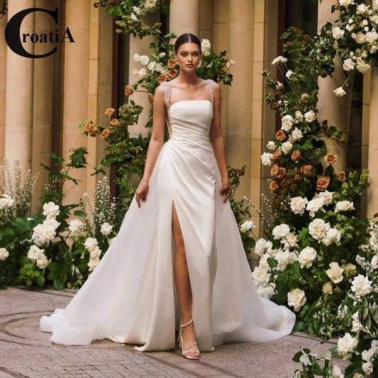 Croatia Charming Satin Wedding Dresses with Slit for Women Beadings A-Line Goddess Bride Vestidos De Novia Plus Customized