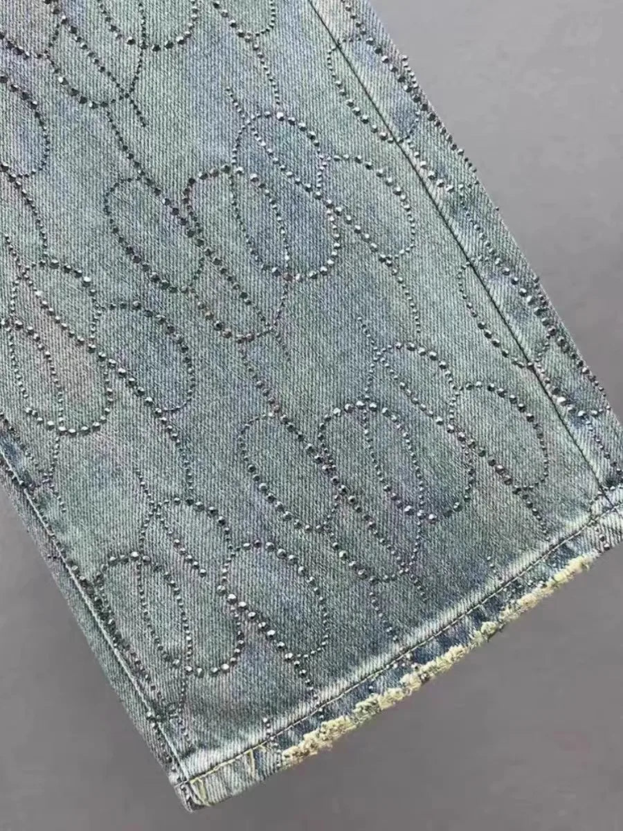 Blue Heavy Embellied Design Women's Jeans Loose Fit Straight Leg Wide Leg Pants Versatile Slimming Spring Summer New Arrival