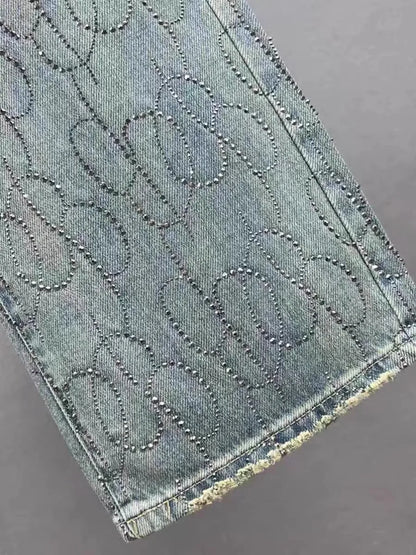 Blue Heavy Embellied Design Women's Jeans Loose Fit Straight Leg Wide Leg Pants Versatile Slimming Spring Summer New Arrival