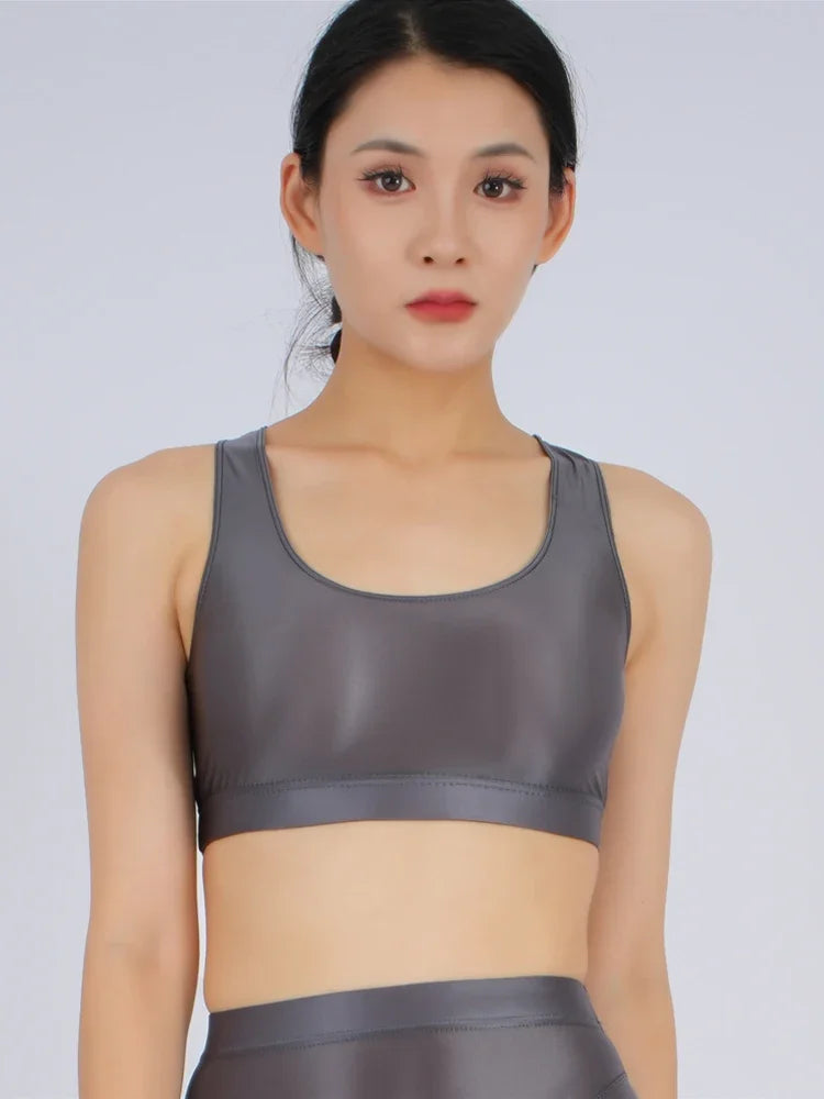 Women's Yoga Fitness Tops Sexy Candy Color UltraShort Crop Fashion Vest V Neck Oil Glossy Silky Smooth Elastic Tight Tanks Tees