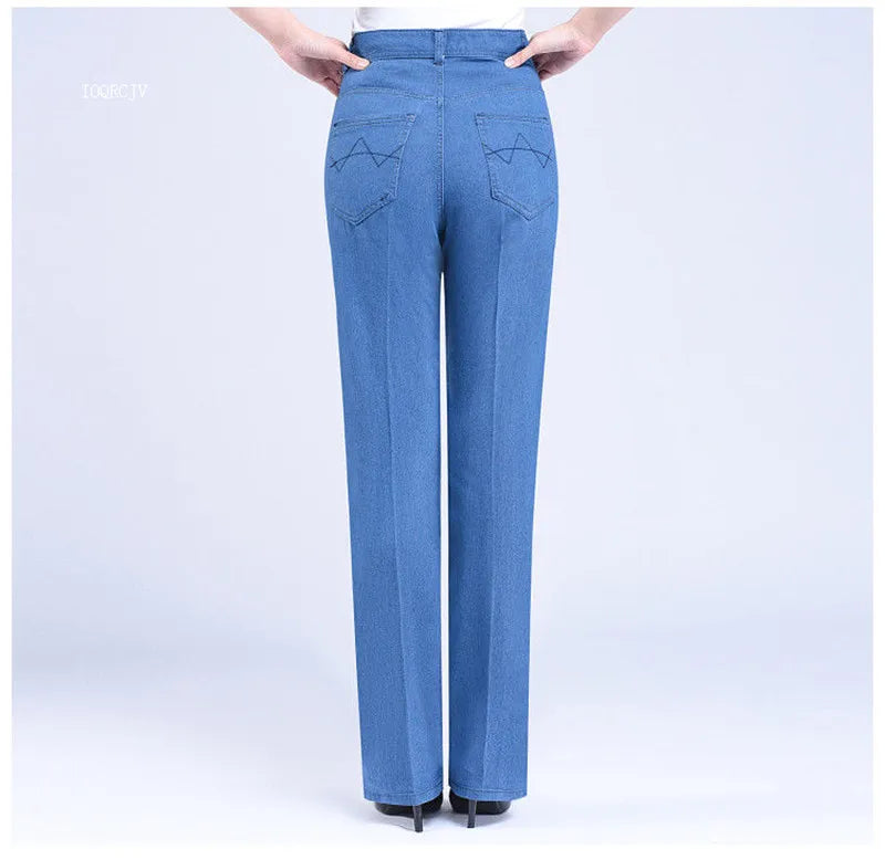 Middle-aged Women's Jeans Spring Autumn High Waist Solid Color Denim Pants Large Size Loose Female Straight Casual Cowboy Pants