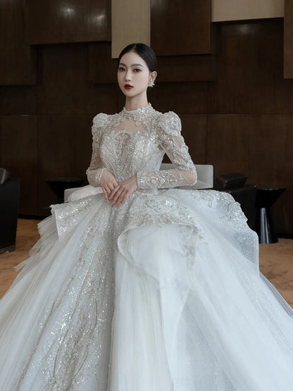 Customized Luxury Bridal Main Dress Long Sleeve Wedding Dress Light High-end Heavy Industry Tail High-quality Vestidos De Noiva