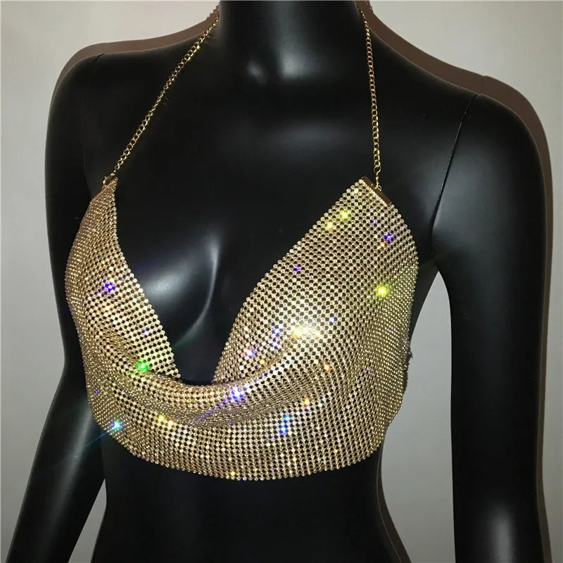 Shiny Rhinestone Tank Tops For Women Sexy Deep V Neck Backless Crop Tops For Women Rave Party Nightclub Camisole Y2K New