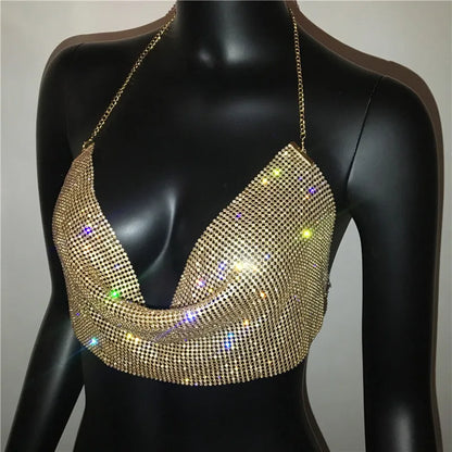 Shiny Rhinestone Tank Tops For Women Sexy Deep V Neck Backless Crop Tops For Women Rave Party Nightclub Camisole Y2K New