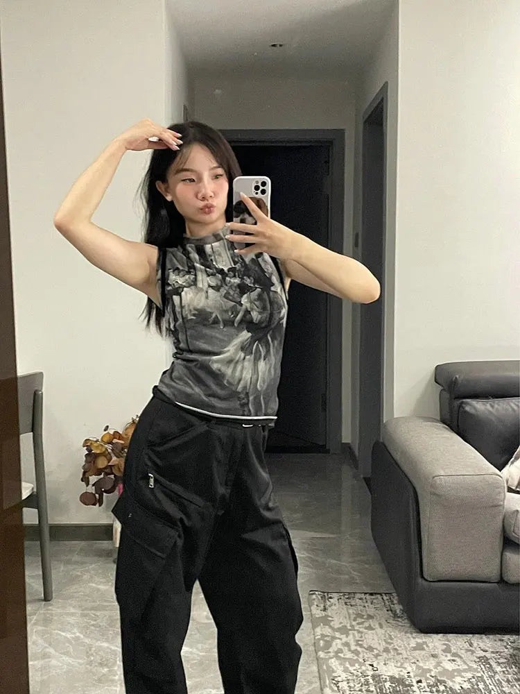 Genayooa Y2k Vintage Tank Tops Women Print Mesh Tops See Through Streetwear Sleeveless Tops Patchwork 2000s Japanese Tee Tops