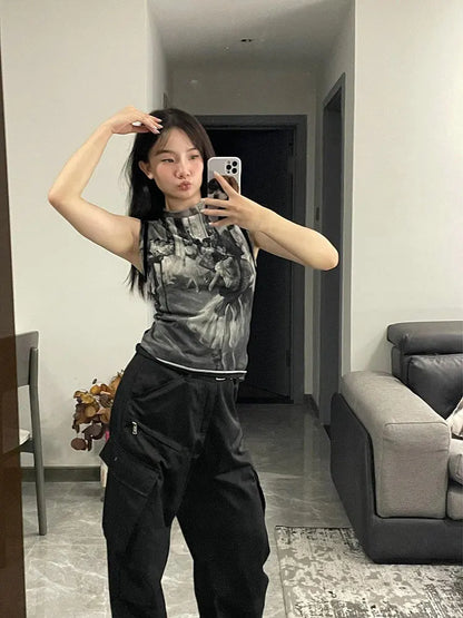 Genayooa Y2k Vintage Tank Tops Women Print Mesh Tops See Through Streetwear Sleeveless Tops Patchwork 2000s Japanese Tee Tops