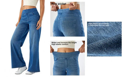 Women Jeans With Pockets Elastic High Waist Solid Color Full Length Pants Straight Wide Leg Trousers Sweatpant Daily Commuting