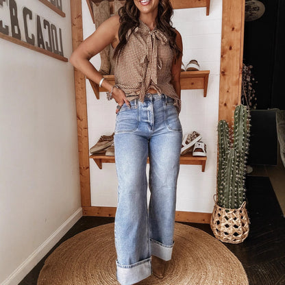 Women's Fashion Casual Washed Stretch Mid-Waist Straight Jeans