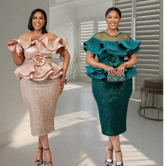 2026 New Plus Size European African Evening Dress Turkish Sequin Ruffle Long Dress Women Elegant Wedding Party Gown