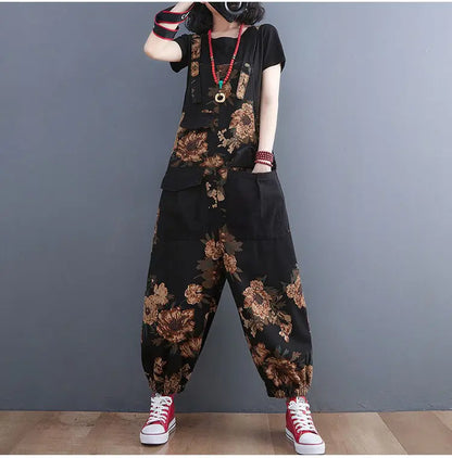 Women's Nine Split Jeans Overalls, Casual Female Print Jumpsuit, Loose Bloomers, Oversized Rompers, Suspenders, Fashion, Spring,