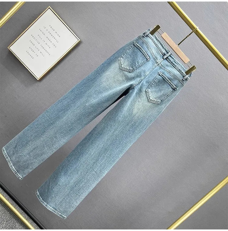 Fashion Women Blue Jeans High Waist Diamond Studded Straight Denim Pants Spring Summer Female Chic Trousers