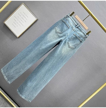 Fashion Women Blue Jeans High Waist Diamond Studded Straight Denim Pants Spring Summer Female Chic Trousers