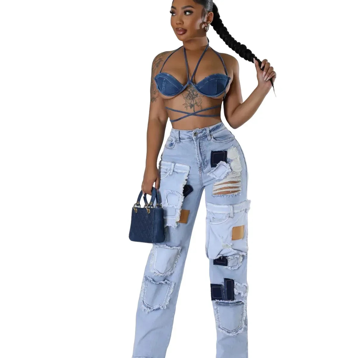 Women Streetwear Cargo Straight Denim Pocket Patchwork Wide Leg Jeans Pants Fall Fashion Ripped Out Party Trousers