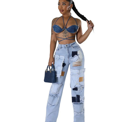 Women Streetwear Cargo Straight Denim Pocket Patchwork Wide Leg Jeans Pants Fall Fashion Ripped Out Party Trousers